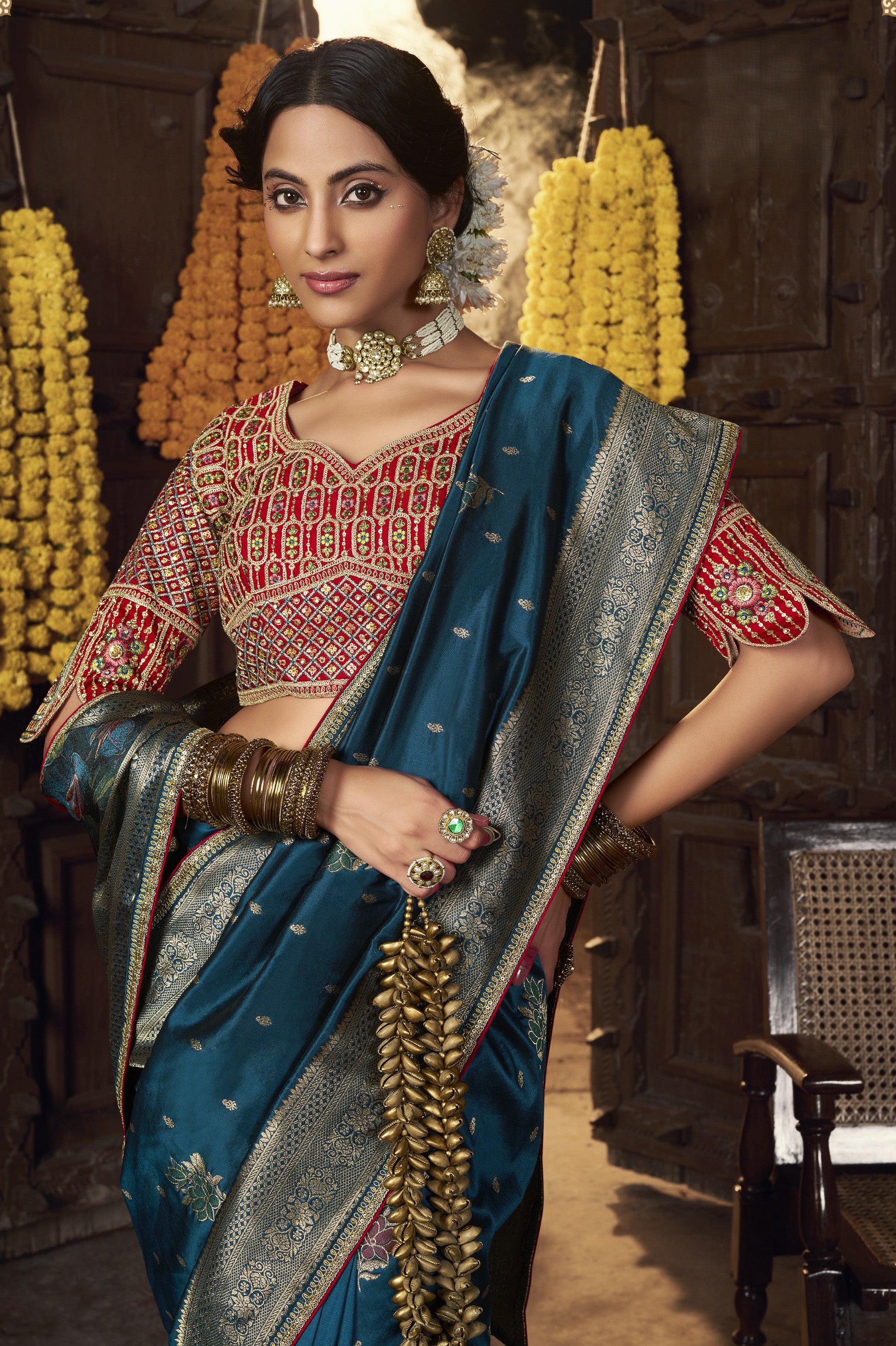 Teal Blue Pure Silk Weaving Saree