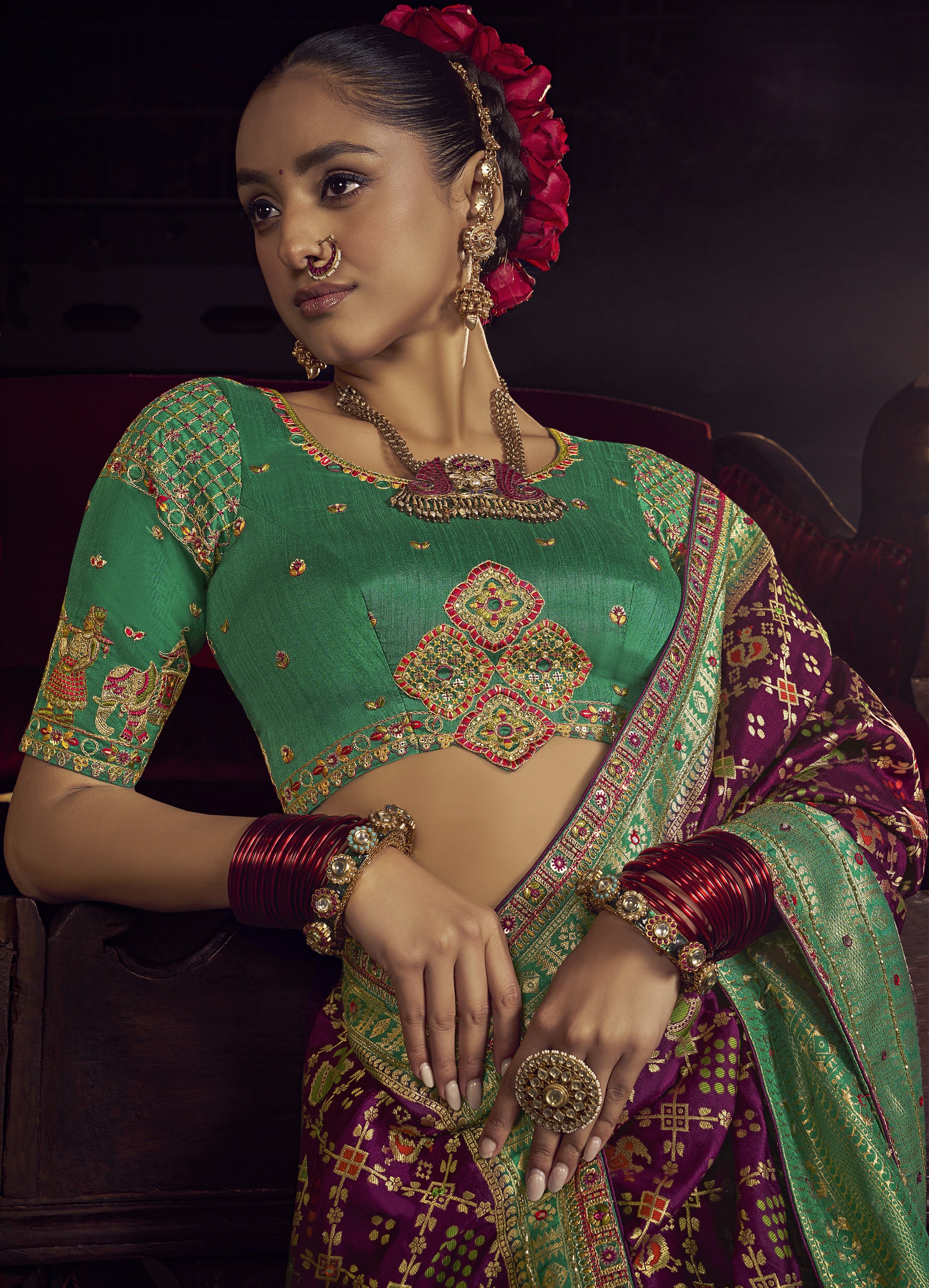 Green & Magenta Viscose Dola Silk Saree