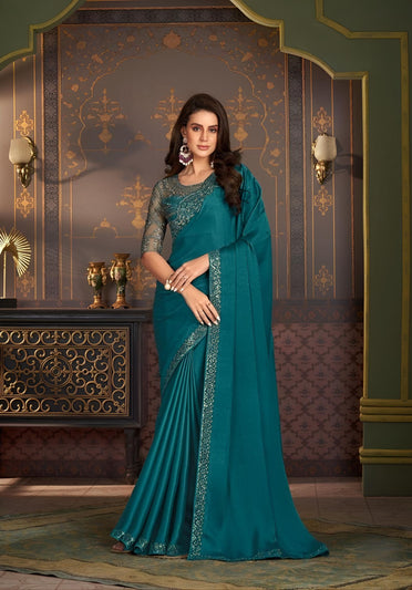 Teal Green Fancy Fabric Saree