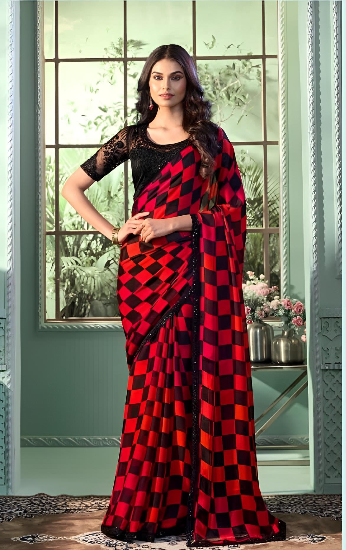 Red Black Fancy Fabric Saree With Sequin Blouse