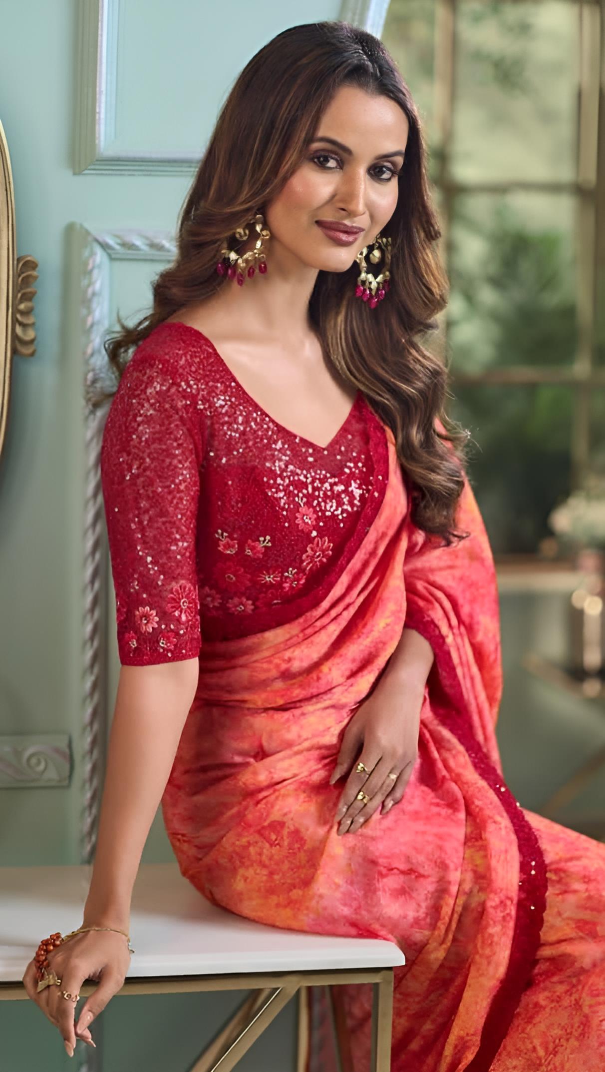 Reddish Orange Fancy Fabric Saree
