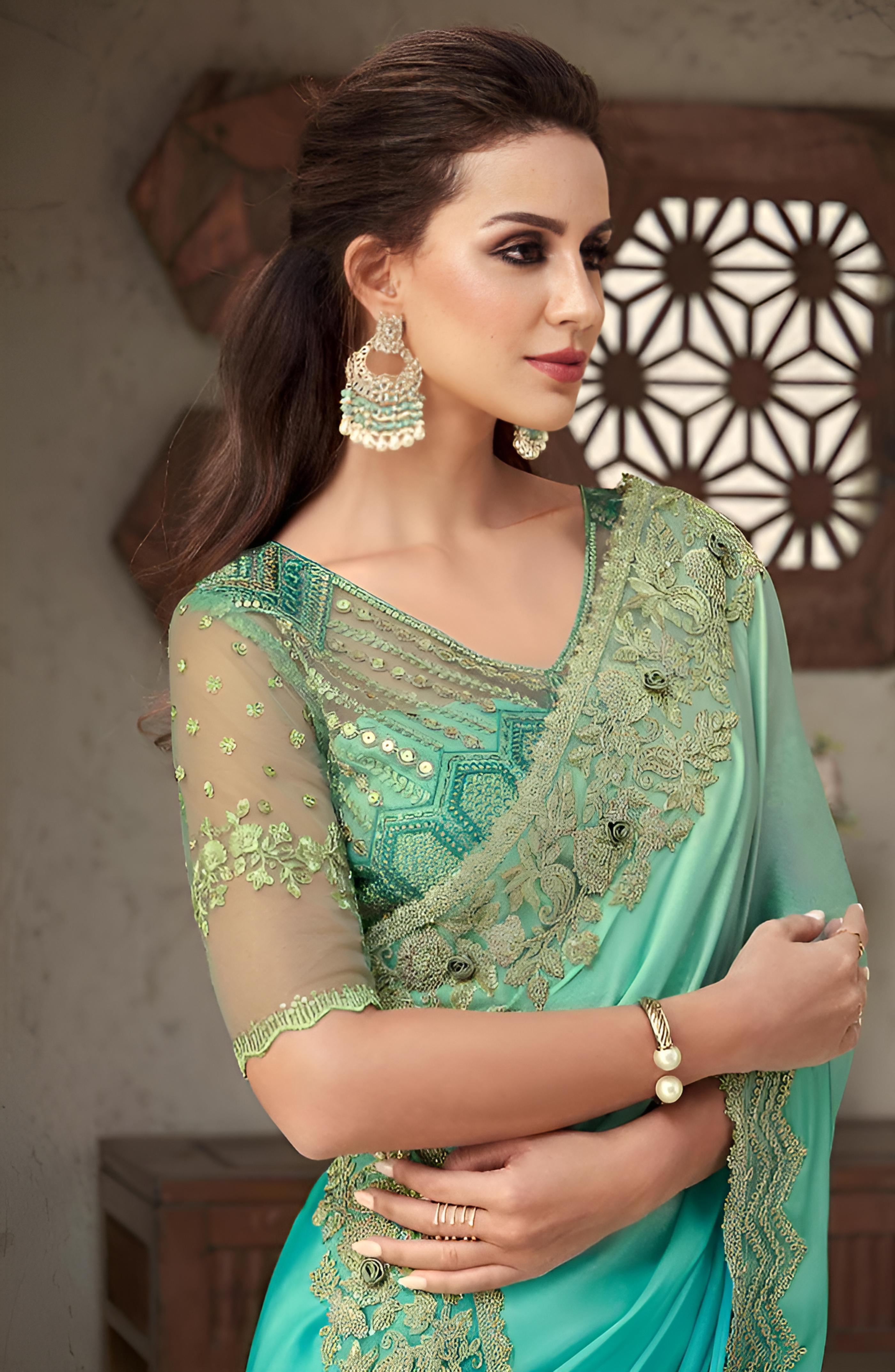 Aqua Green Fancy Fabric Saree