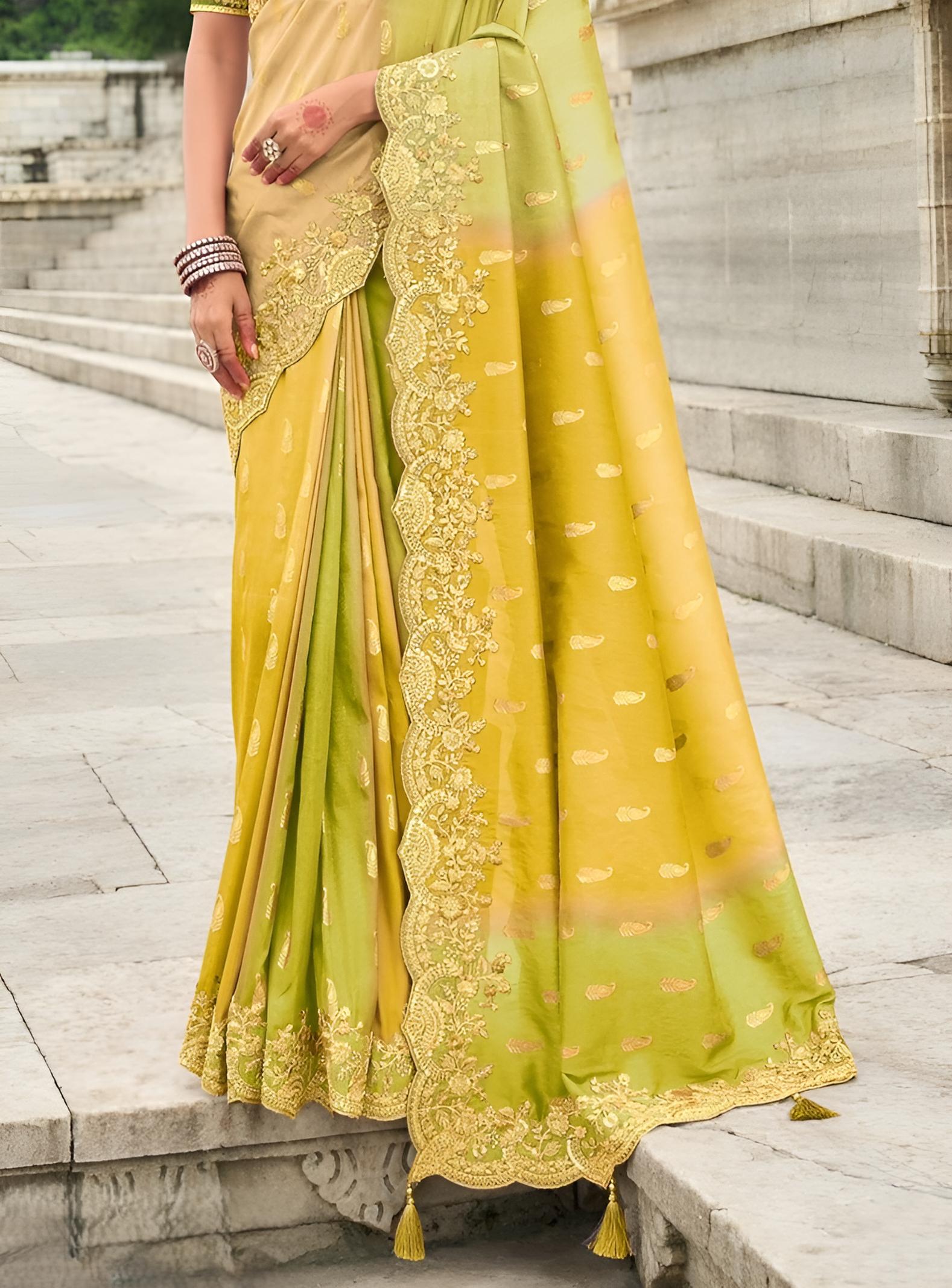 Olive Green Golden Silk Saree