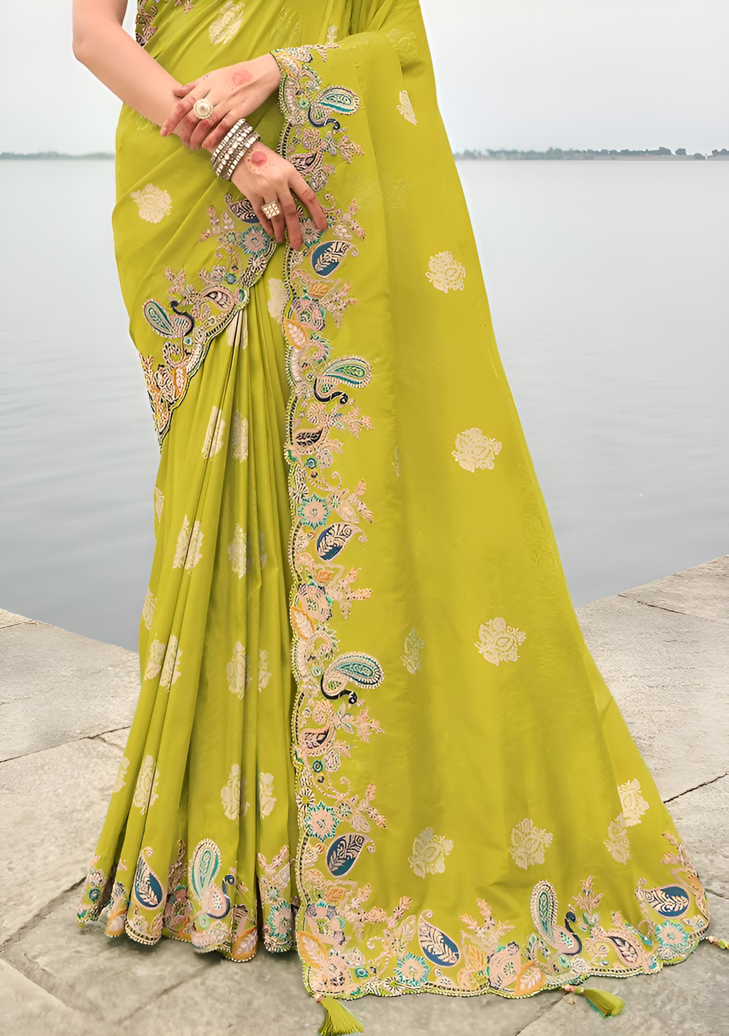 Chartreuse Green Silk Saree