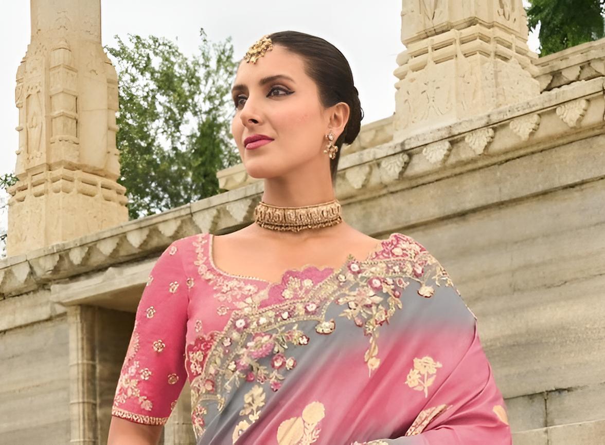 Onion Pink Slate Grey Silk Saree