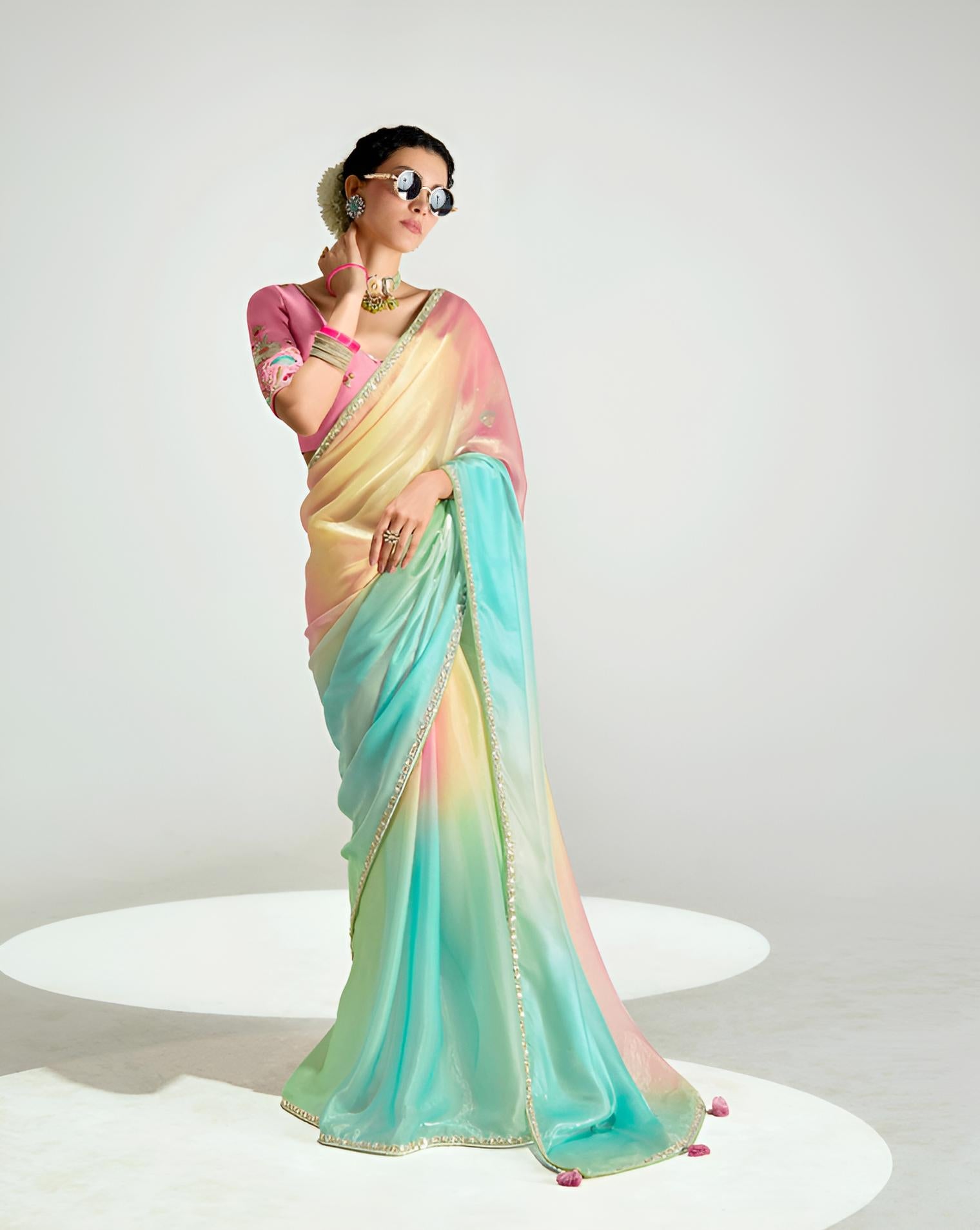 Peach Aqua Organza Tissue Saree