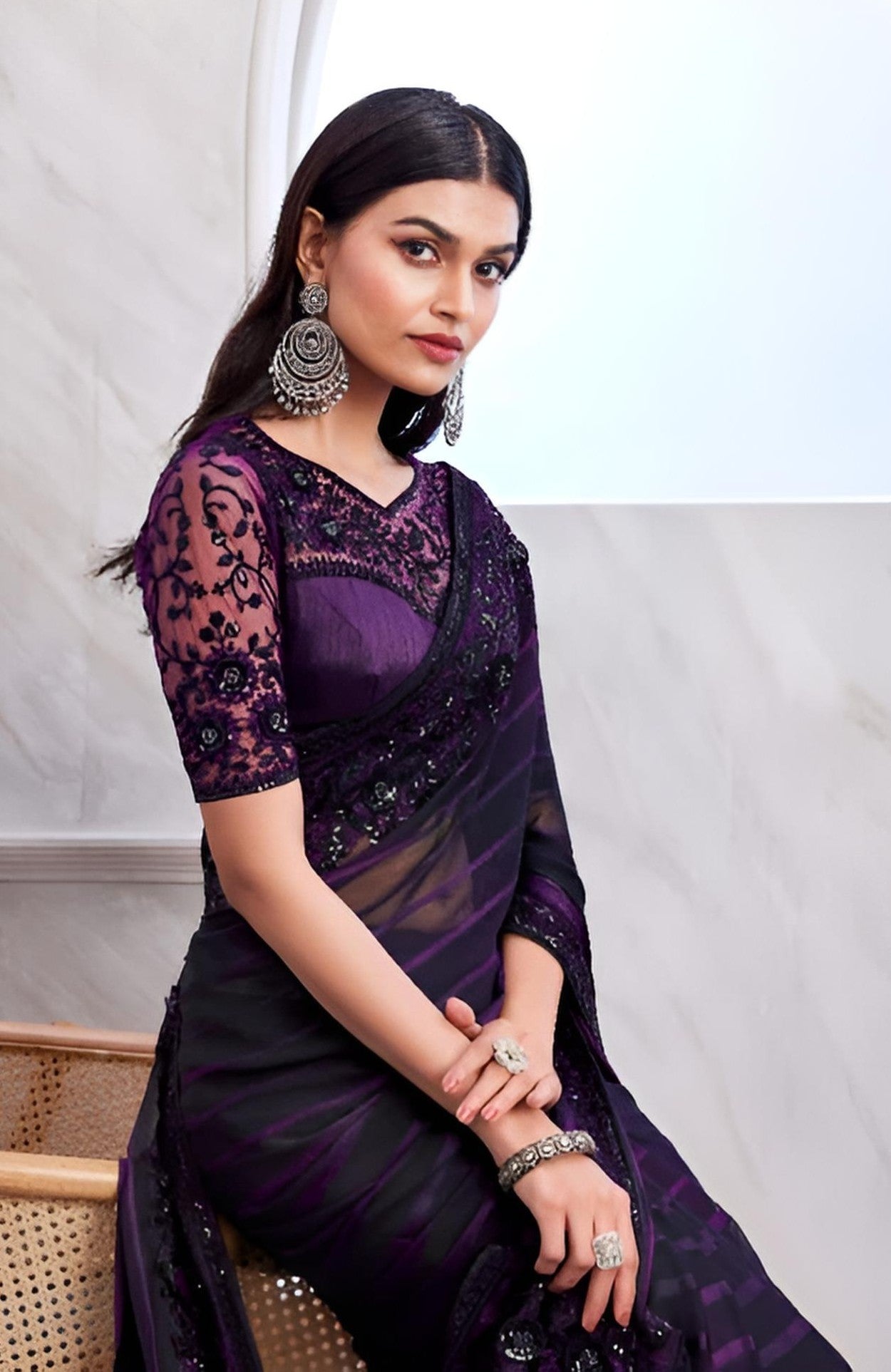 Purple Black Fancy Fabric Saree