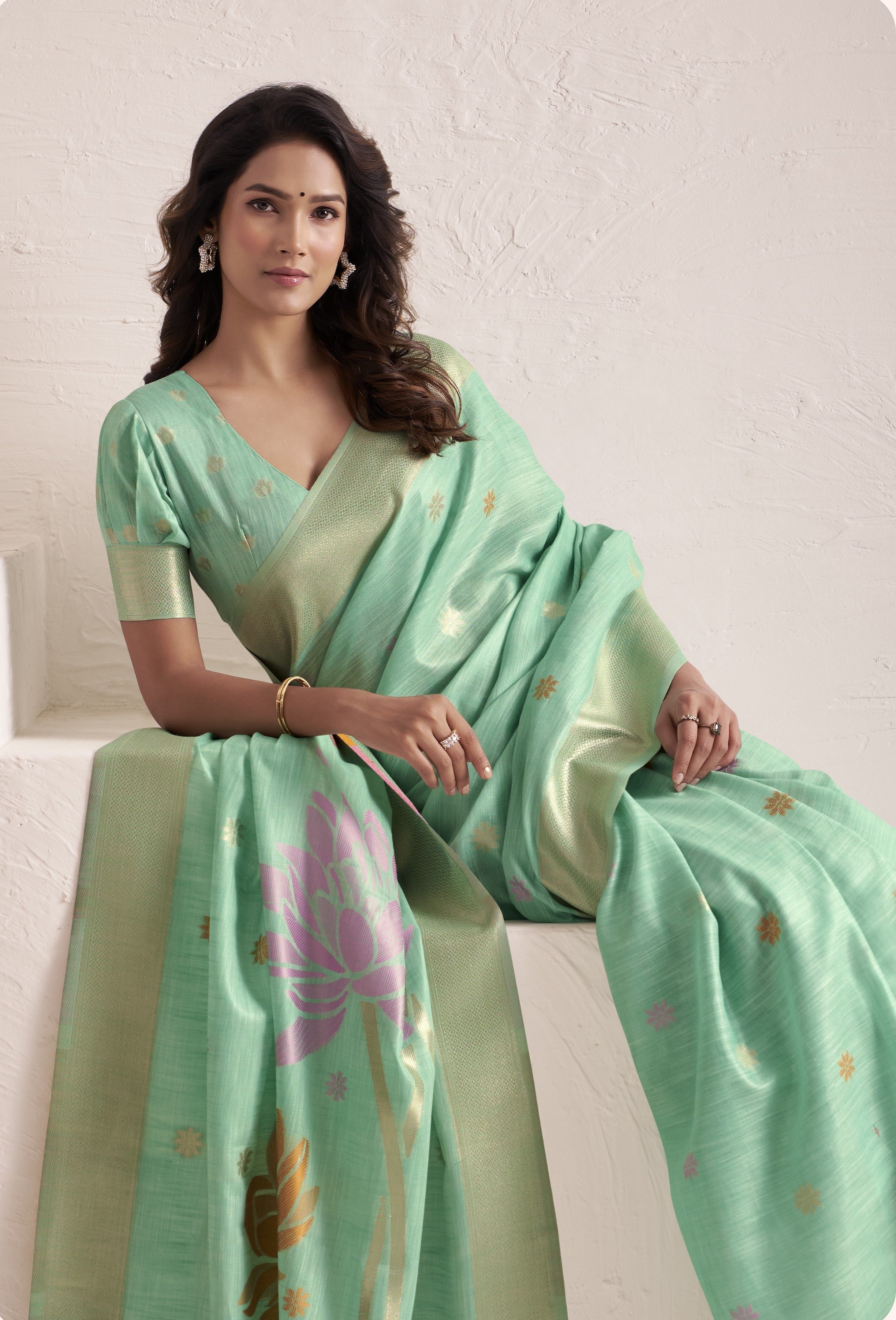 Aqua Blue Linen Saree