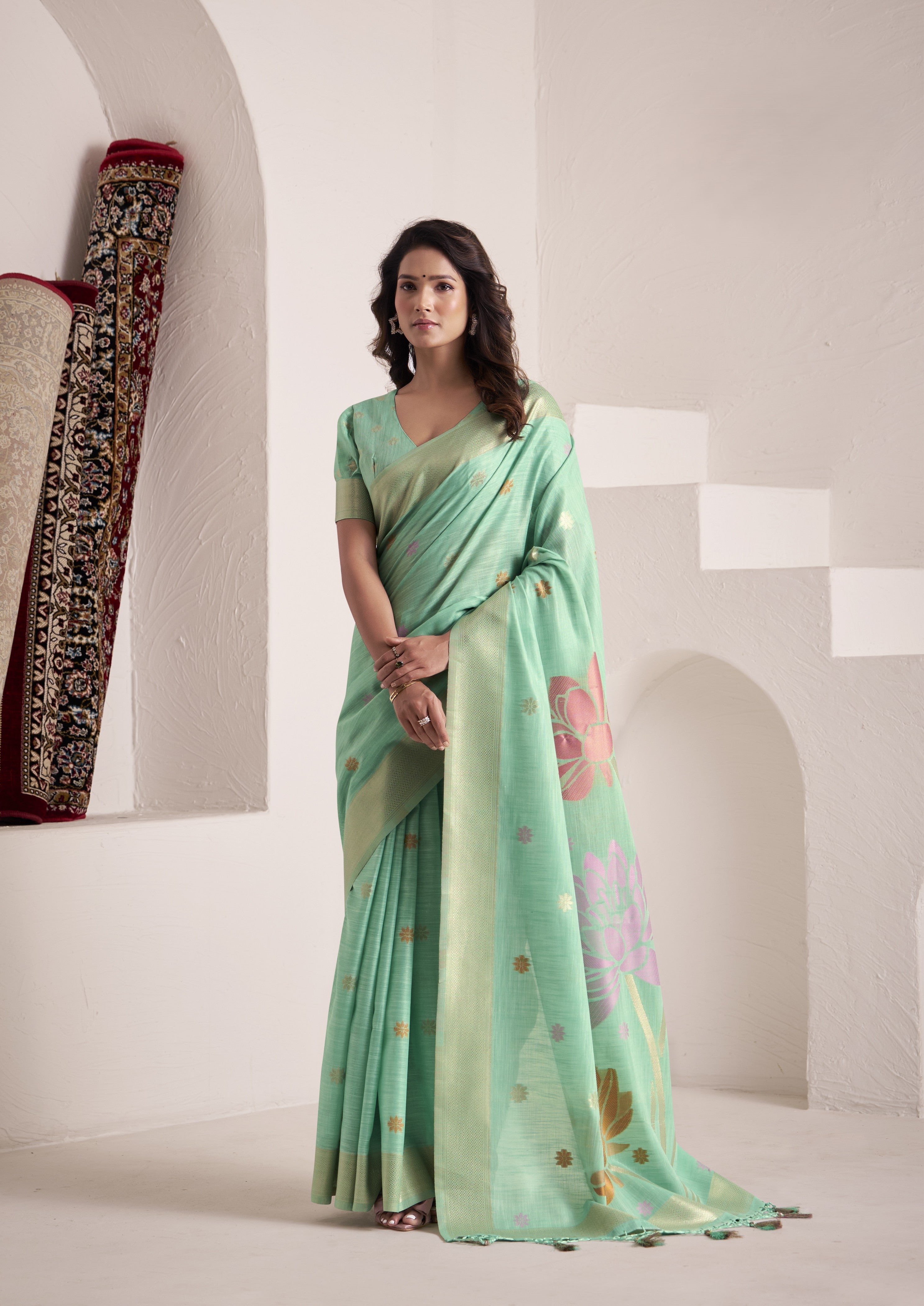 Aqua Blue Linen Saree