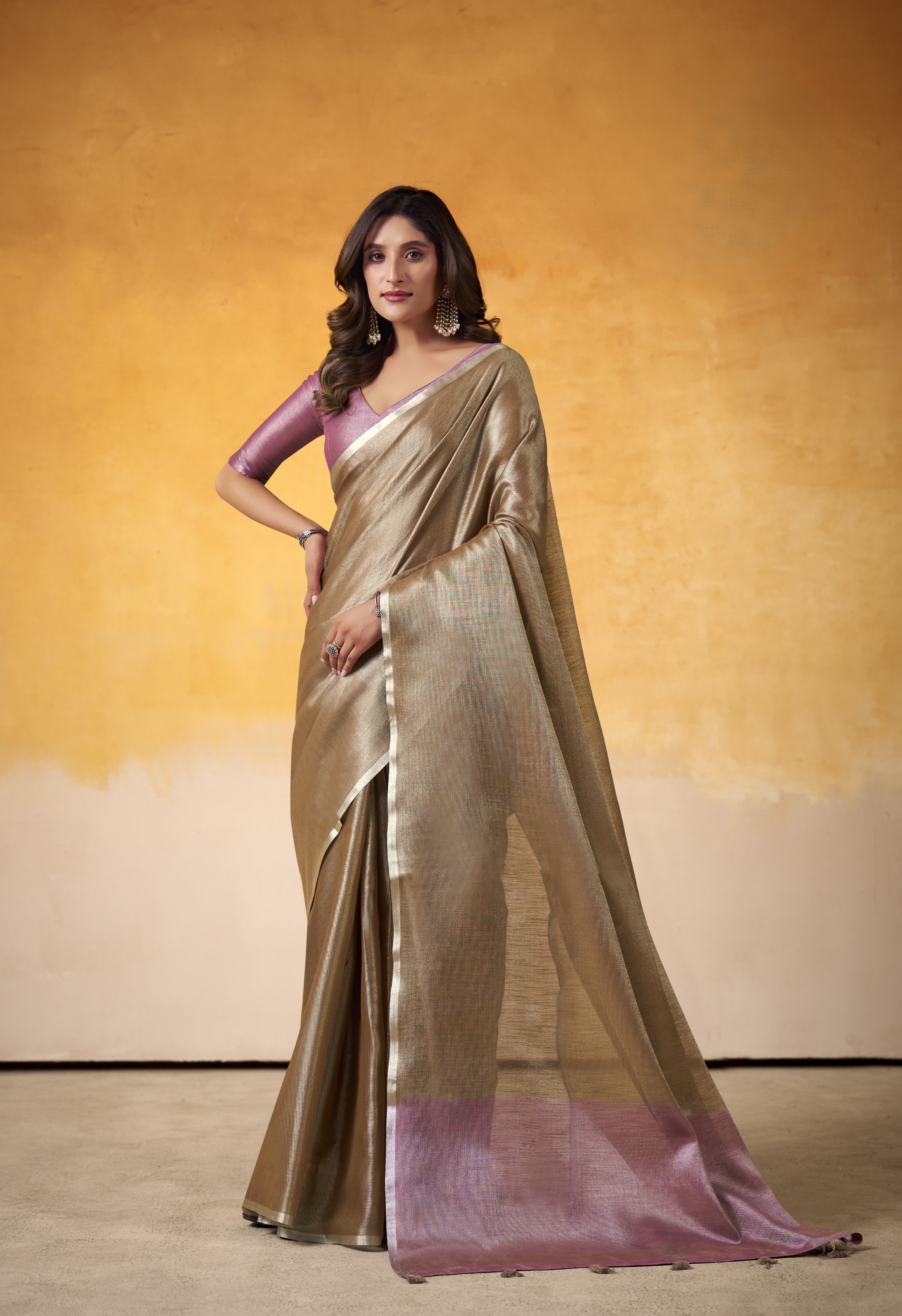Golden Brown Tissue Silk Saree