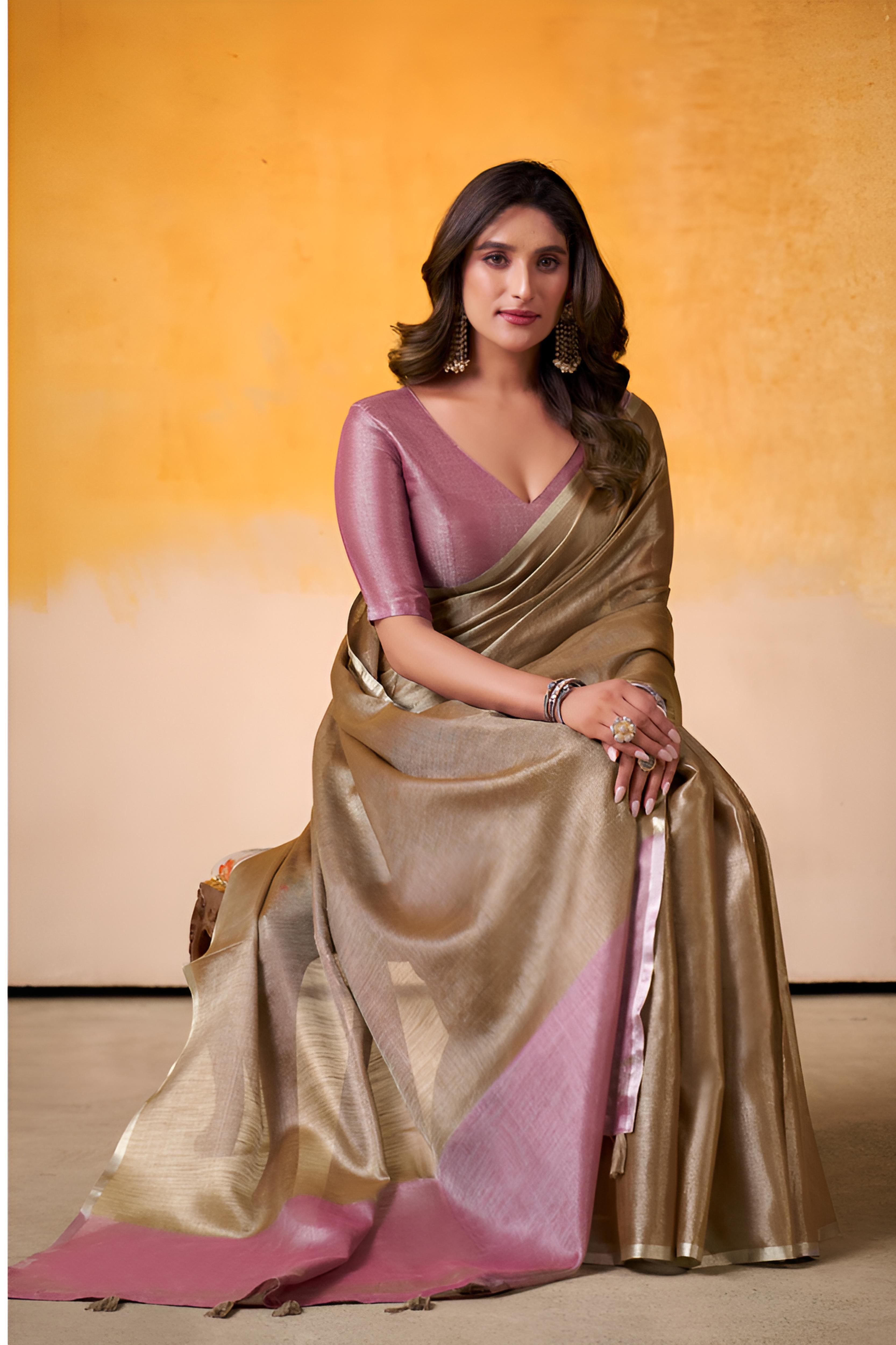 Golden Brown Tissue Silk Saree