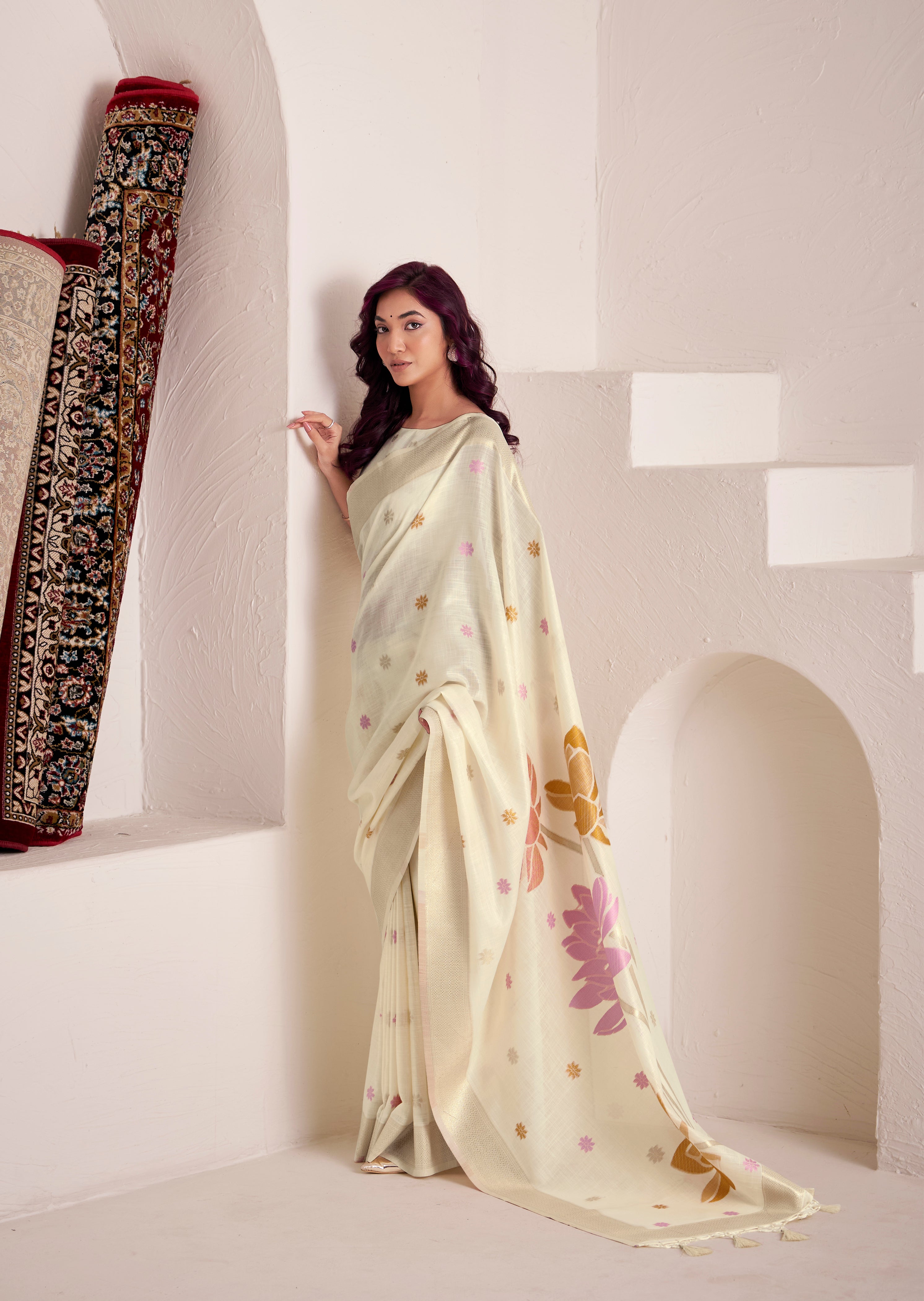 Cream Linen Saree