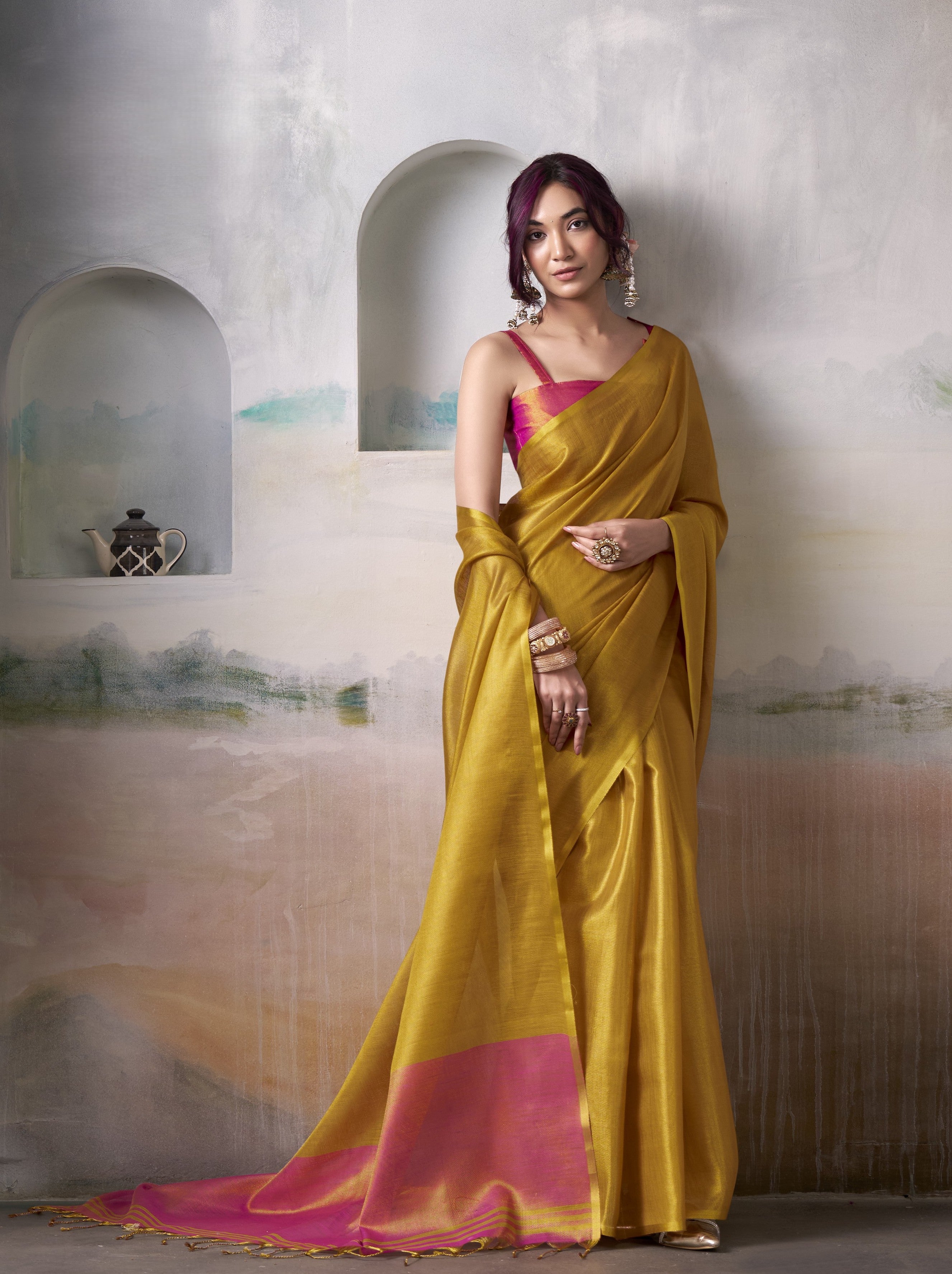 Yellow Pure Handloom Tissue Saree