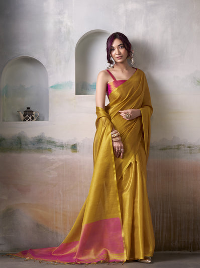 Yellow Pure Handloom Tissue Saree