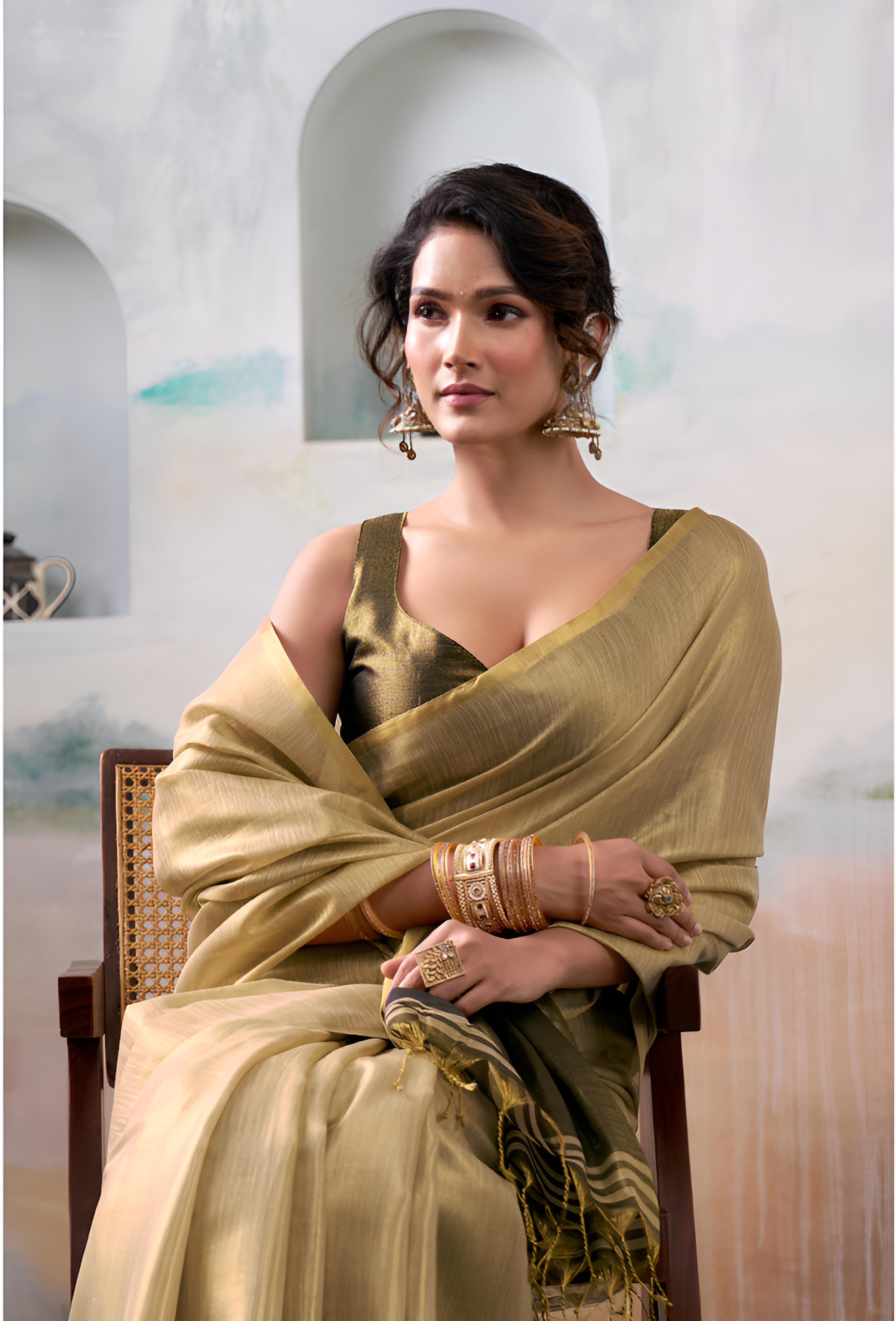 Gold Pure Handloom Tissue Saree
