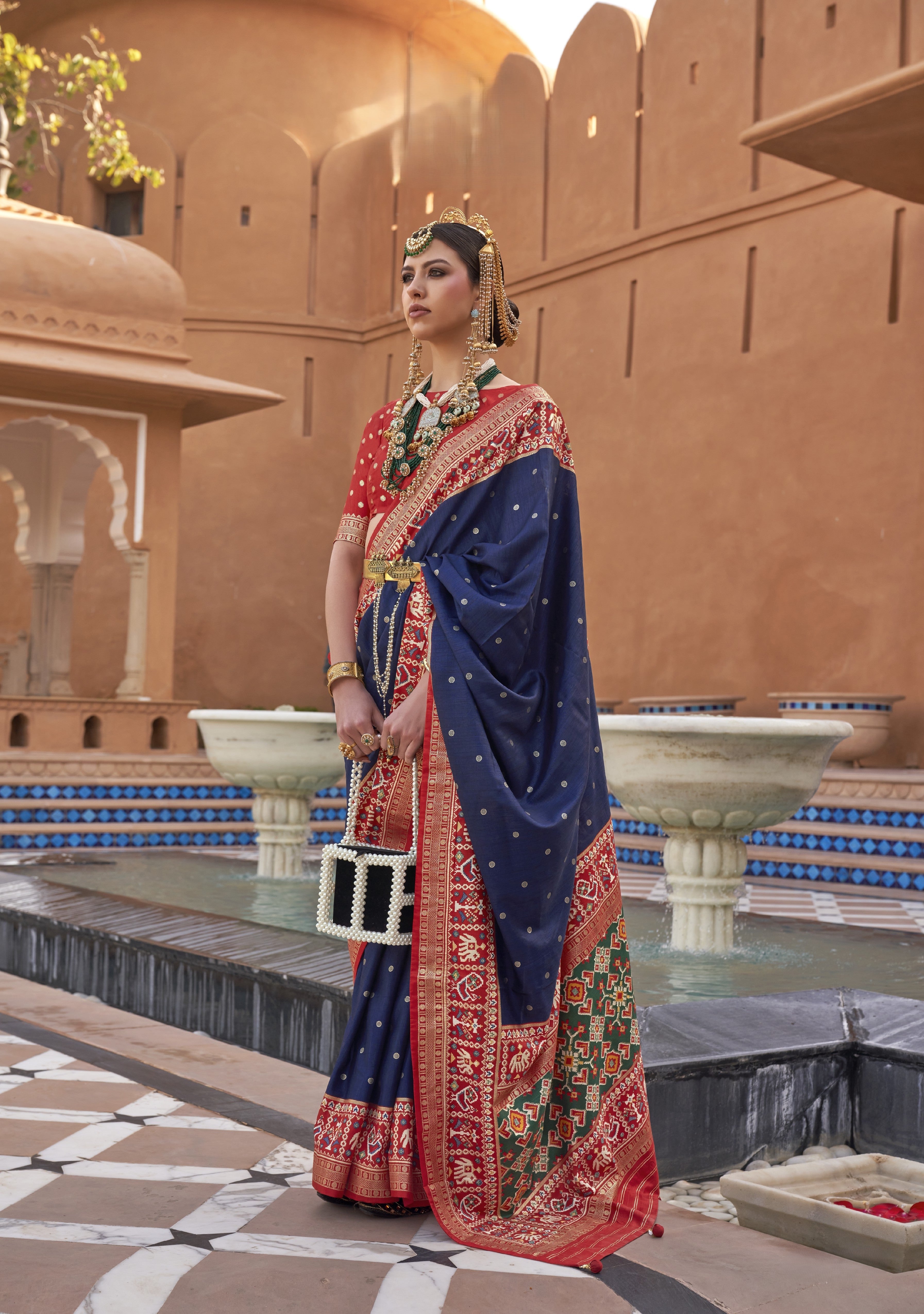 Navy Blue Silk Saree With Patola Border