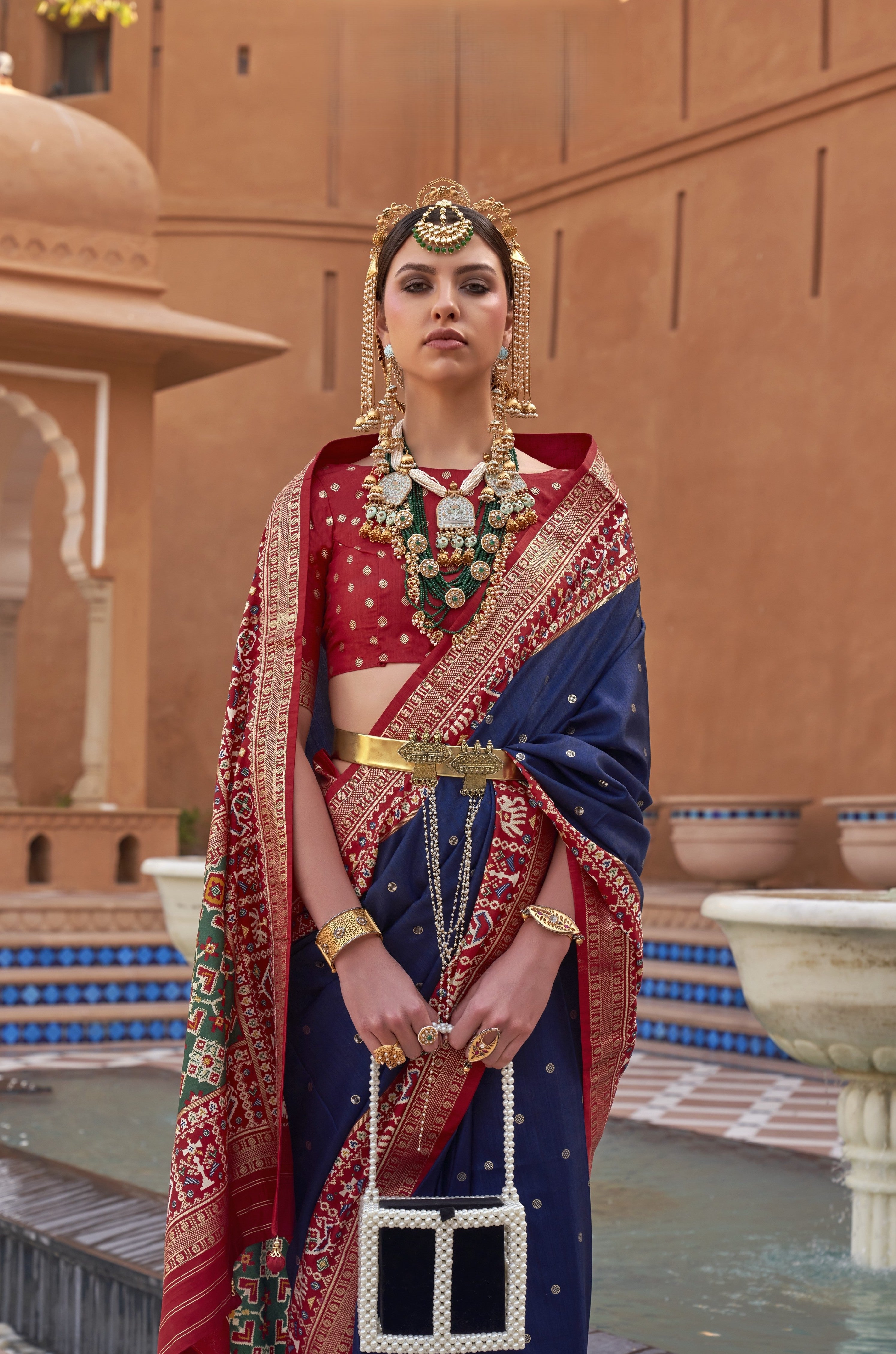 Navy Blue Silk Saree With Patola Border