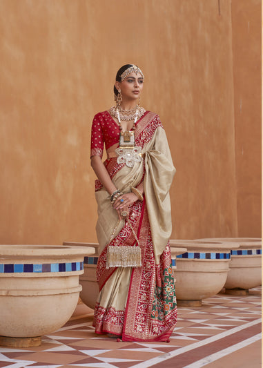 Cream Silk Saree With Patola Border