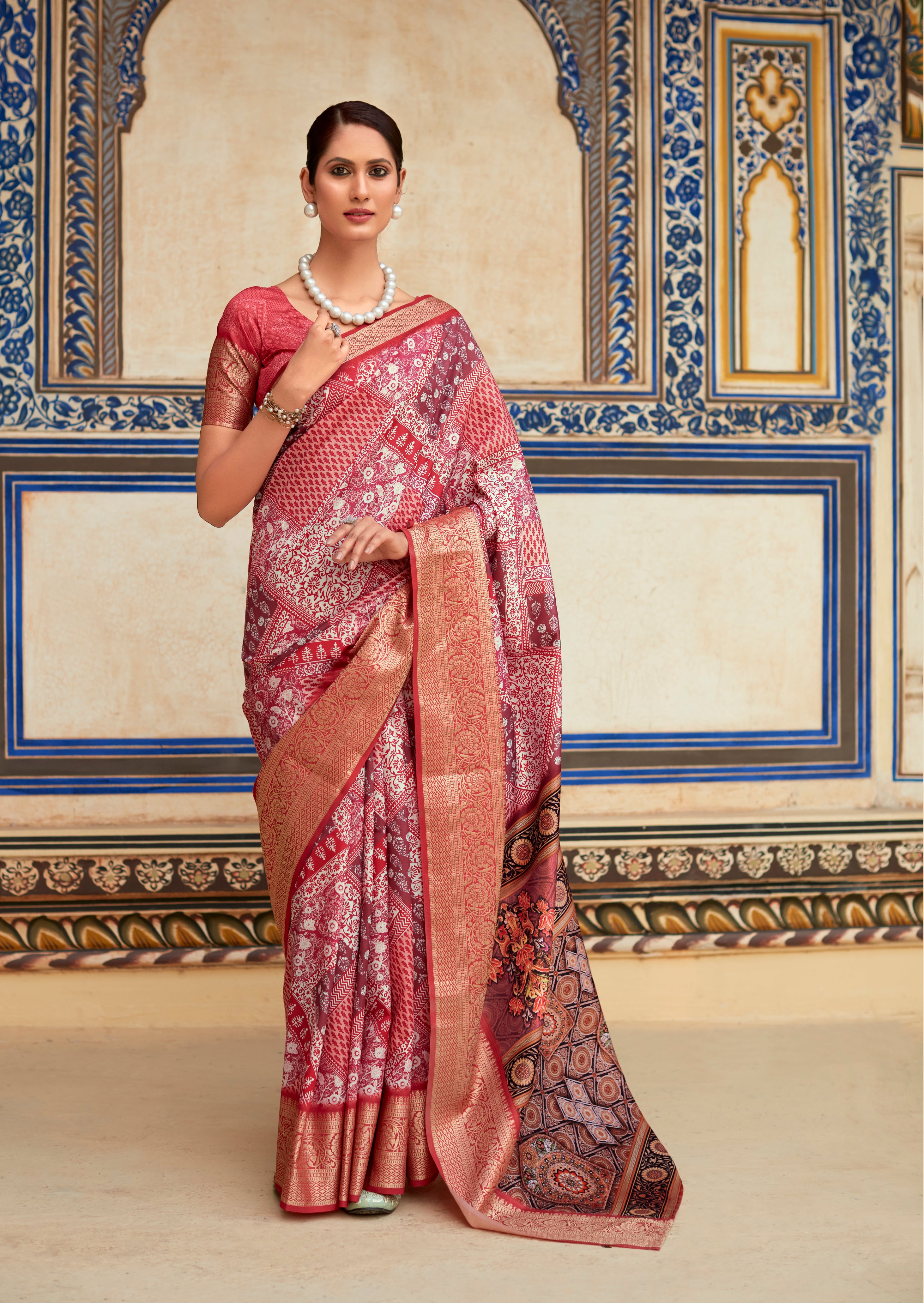 Deep Pink And Red Woven Dola Art Silk Saree