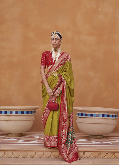 Olive Green Silk Saree With Patola Border