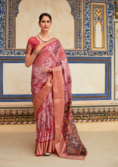 Deep Pink And Red Woven Dola Art Silk Saree