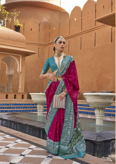 Teal Silk Saree With Patola Border