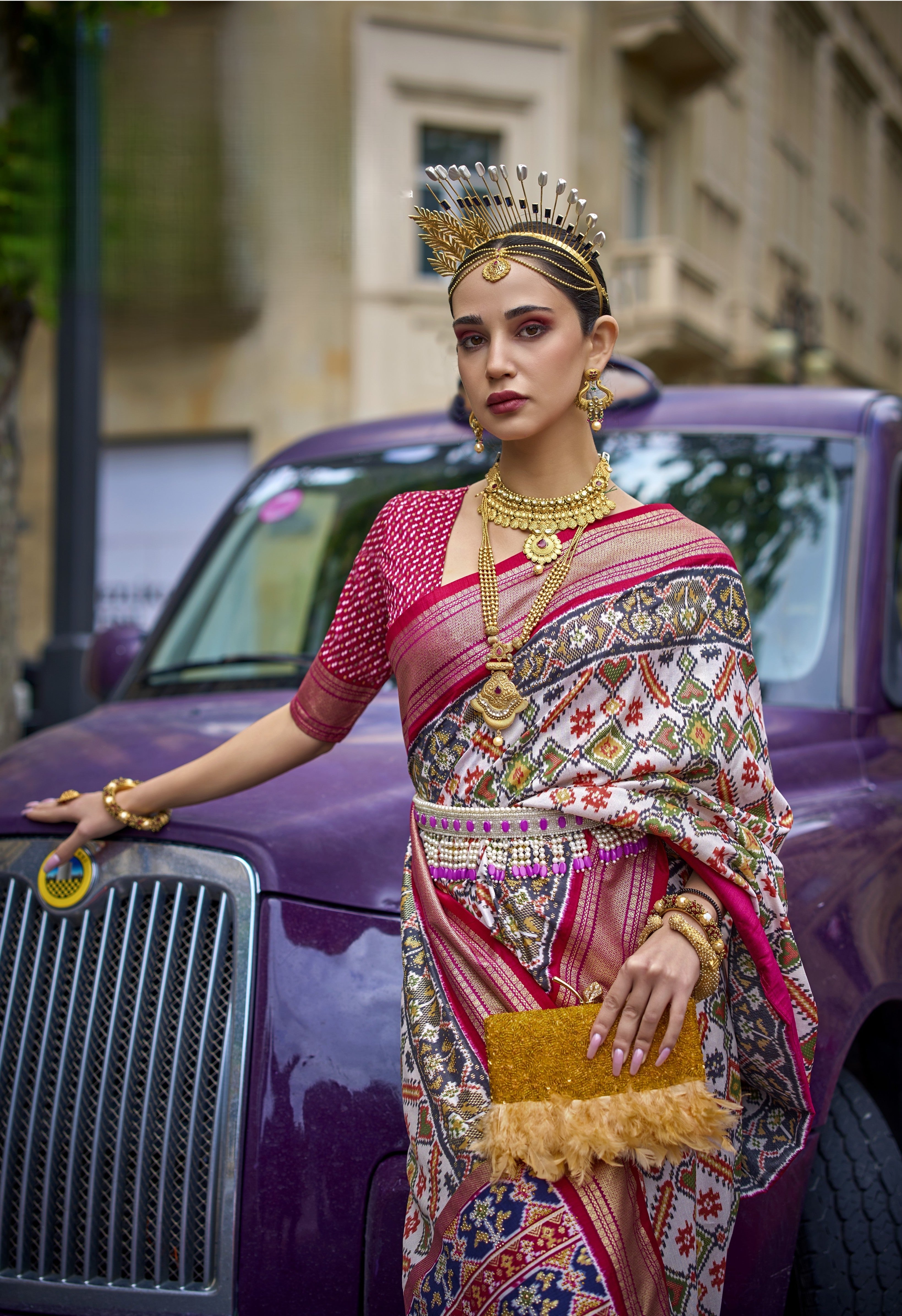Light Pink And Off-White Mercerized Sigma Silk Patola Saree