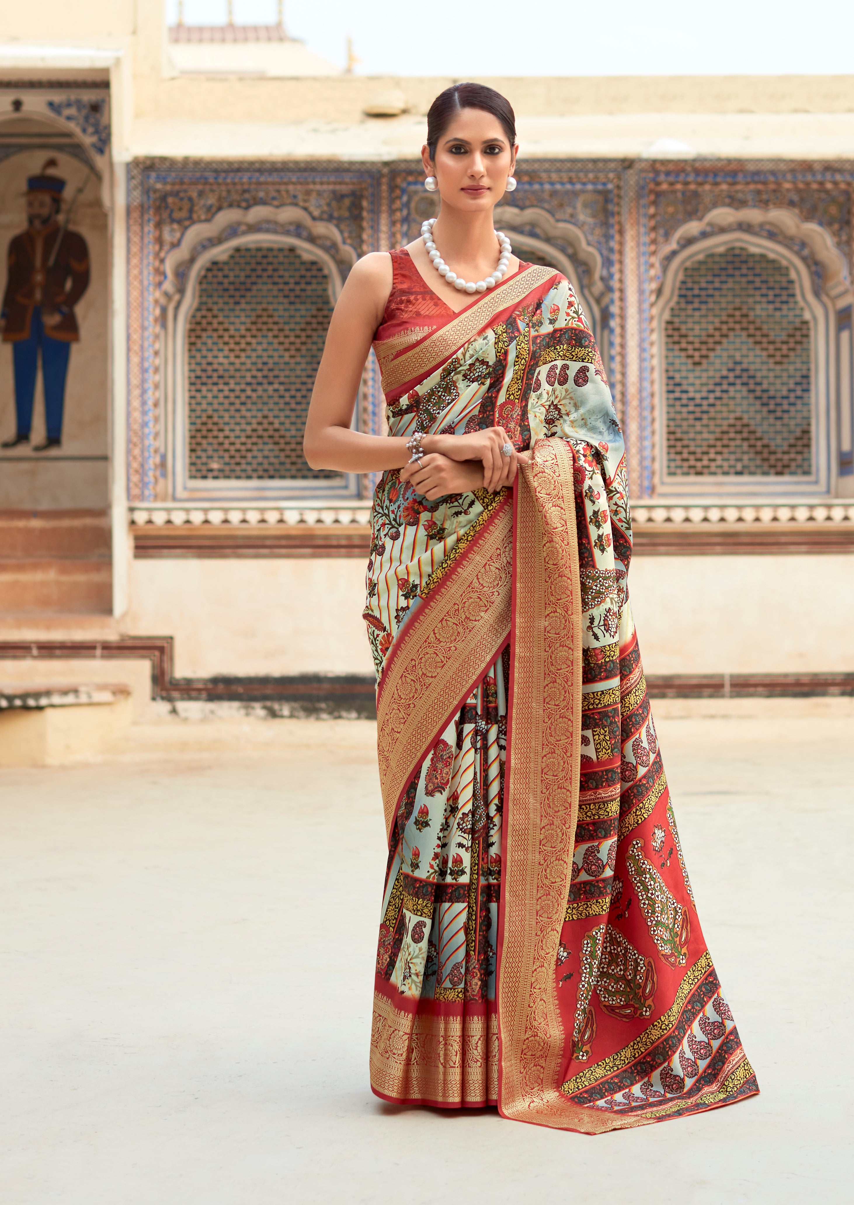 Off-White And Multicolor Printed Dola Art Silk Saree
