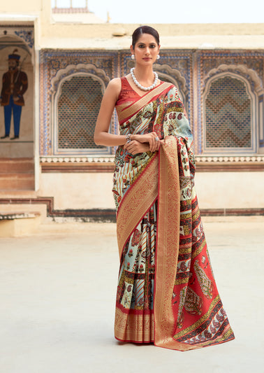 Off-White And Multicolor Printed Dola Art Silk Saree