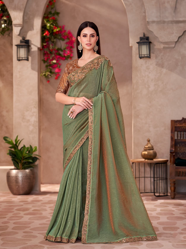 Golden Shine Georgette Saree & Linen Work Blouse