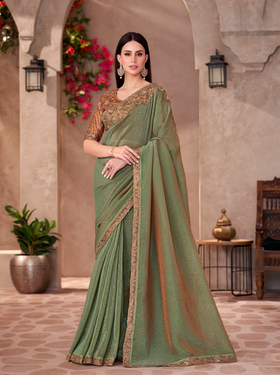 Golden Shine Georgette Saree & Linen Work Blouse