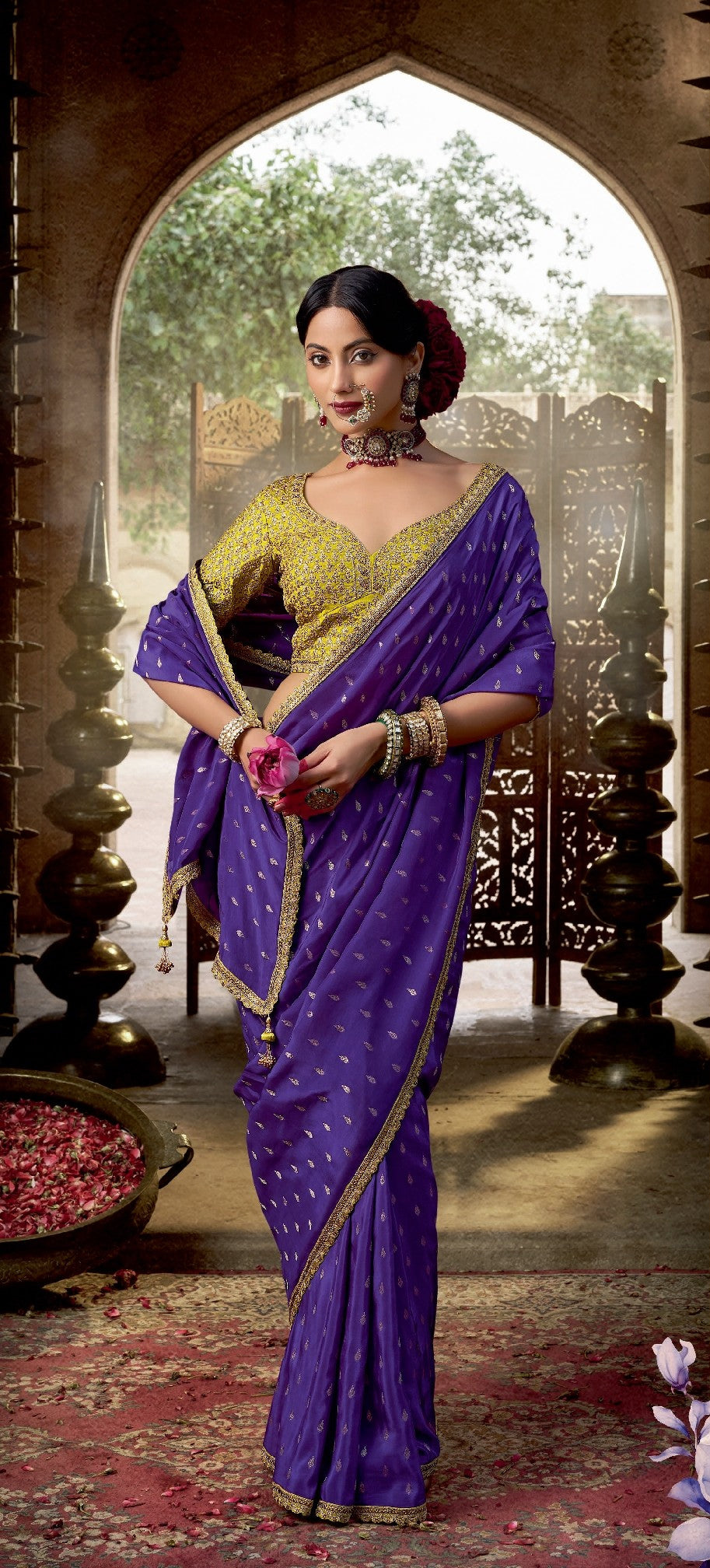 Purple Crepe Saree With Yellow Blouse