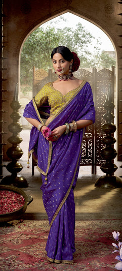 Purple Crepe Saree With Yellow Blouse
