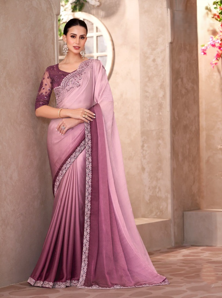 Shaded Mauve Chiffon Saree & Linen Work Blouse