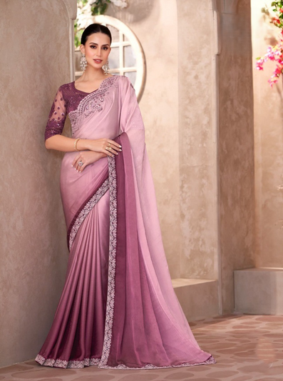 Shaded Mauve Chiffon Saree & Linen Work Blouse