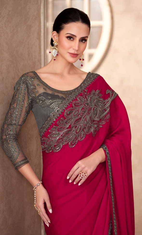 Cherry Red Pure Chiffon Saree & Linen Work Blouse