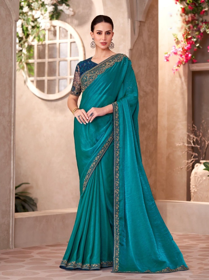 Peacock Blue Satin Georgette Saree & Linen Work Blouse