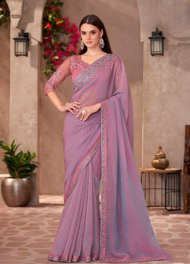 Rich Pink Shining Georgette Saree & Linen Work Blouse