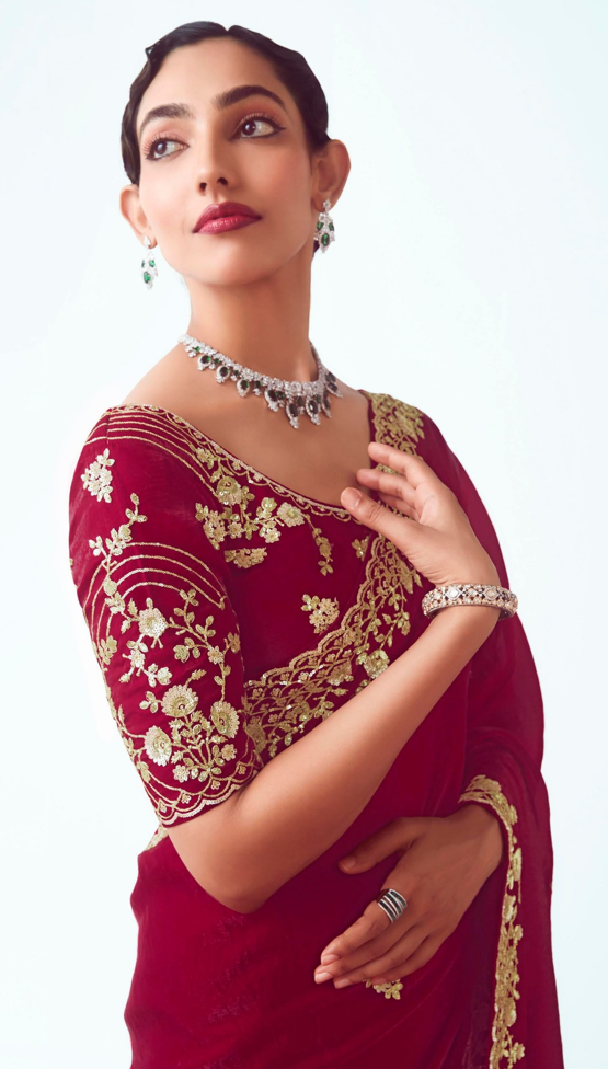 Maroon Fancy Saree With Work Blouse