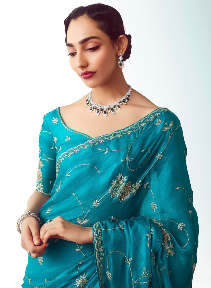 Peacock Blue Fancy Saree With Work Blouse