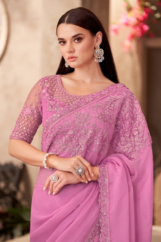 Shine & Silk Pink Chiffon Saree & Georgette Work Blouse