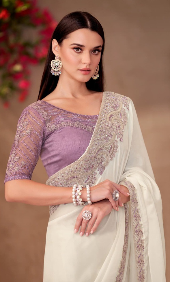 Pearl White Shining Georgette Saree & Linen Work Blouse
