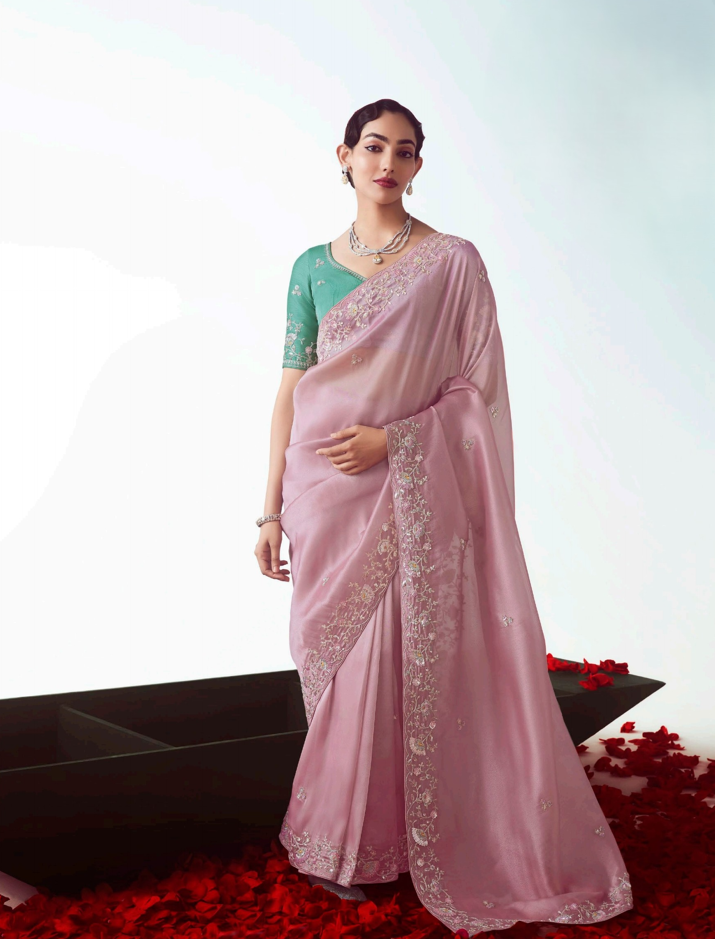 Baby Pink Saree With Work Blouse