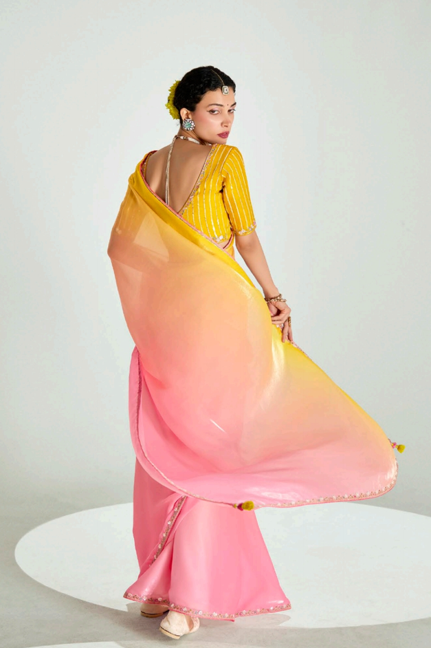 Peach Yellow Organza Tissue Saree