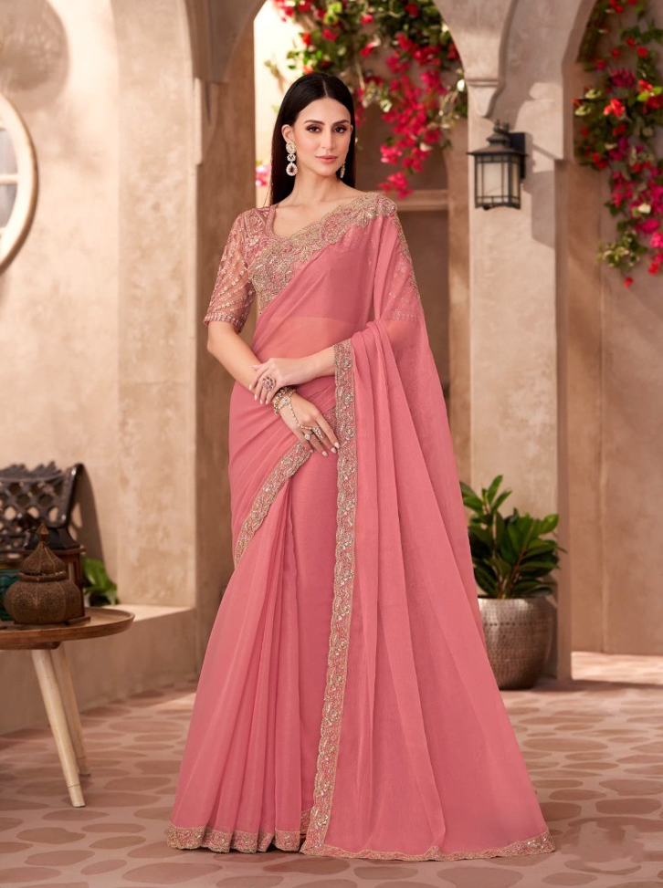 Peach Georgette Saree & Georgette Work Saree