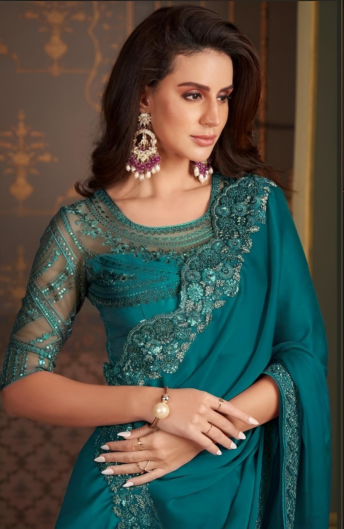 Teal Green Fancy Fabric Saree