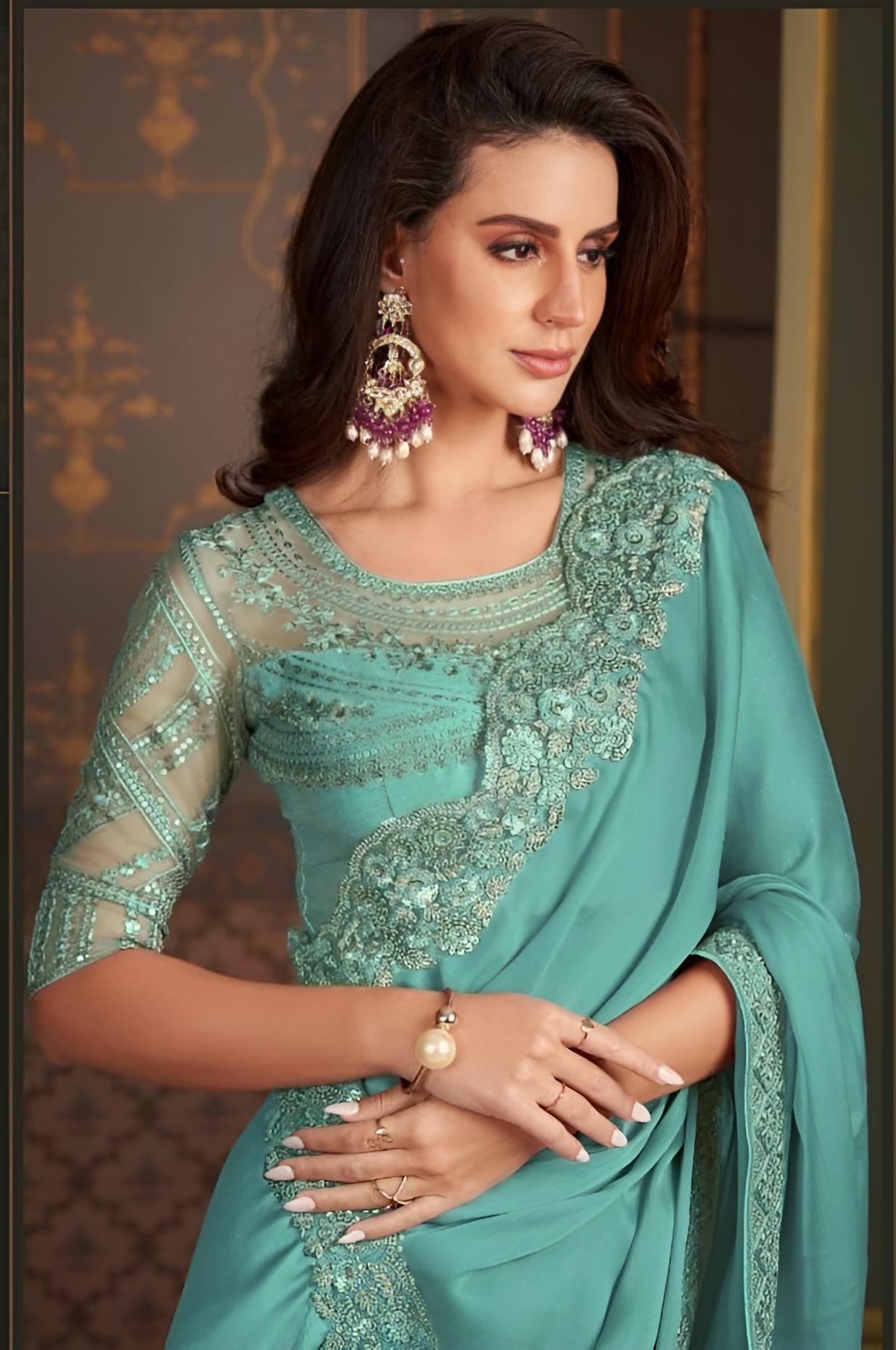 Turquoise Blue Georgette Saree