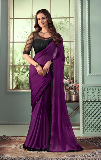 Wine Fancy Fabric Saree With Sequin Blouse