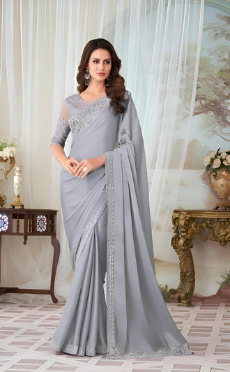 Steel Grey Fancy Fabric Saree