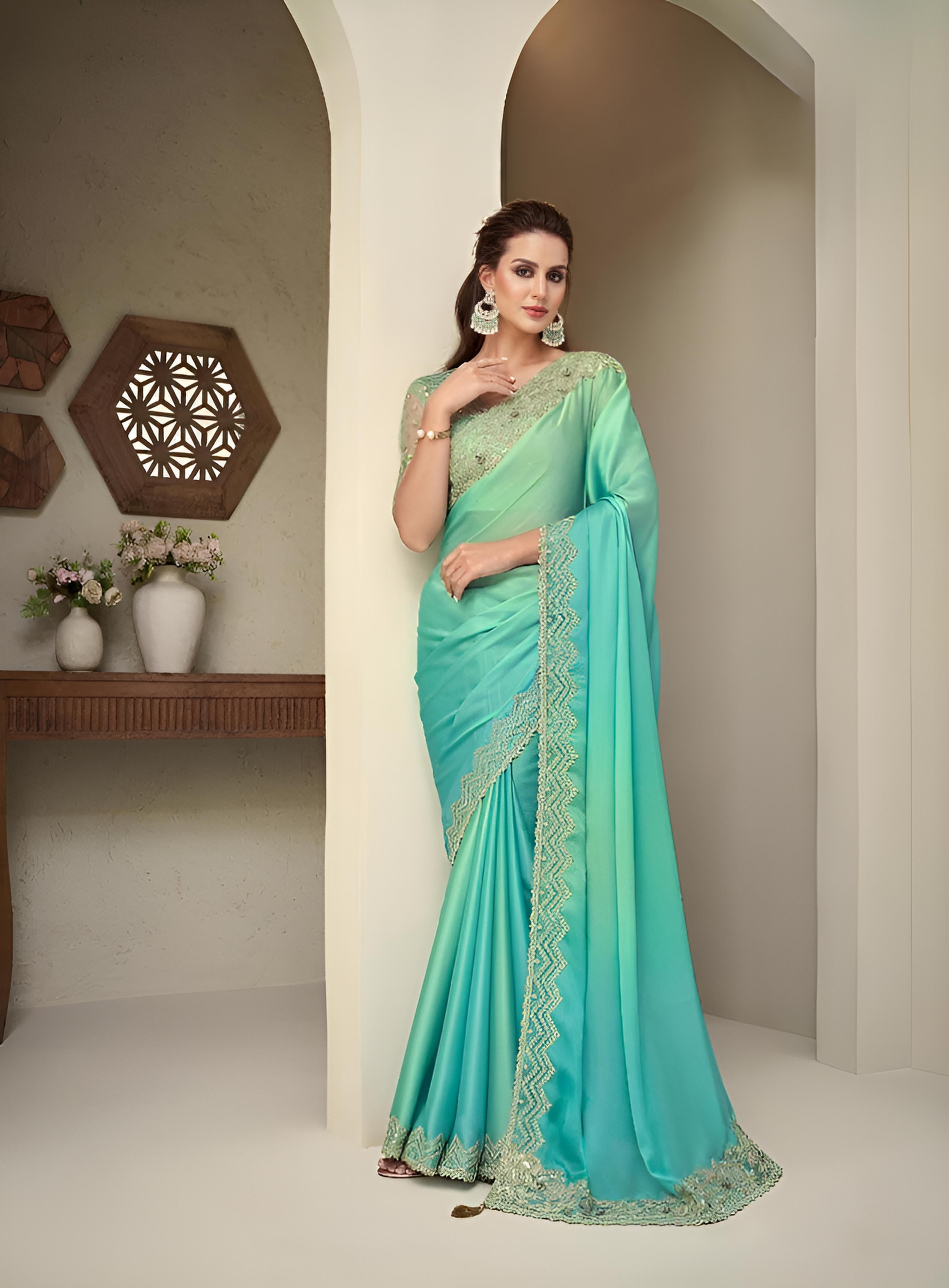 Aqua Green Fancy Fabric Saree